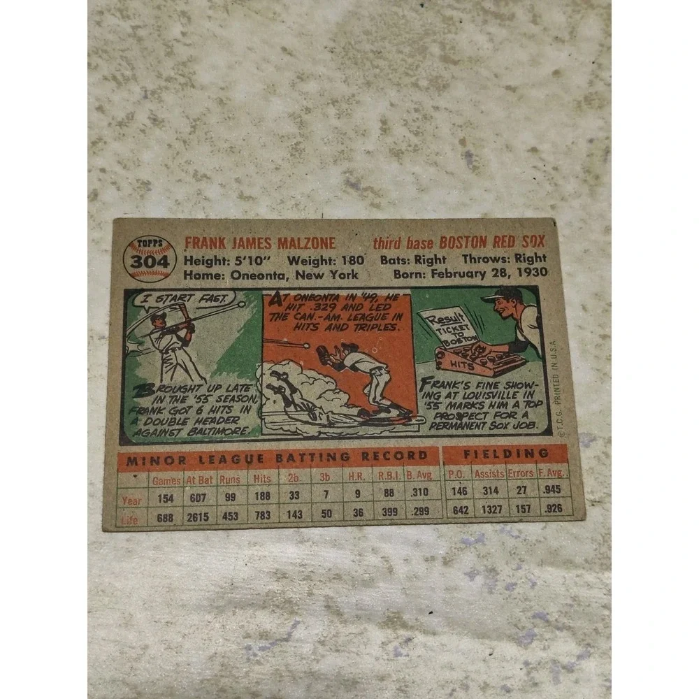 1956 Topps Baseball‎ Card Frank Malzone 3rd Base Boston Red Sox  # 304